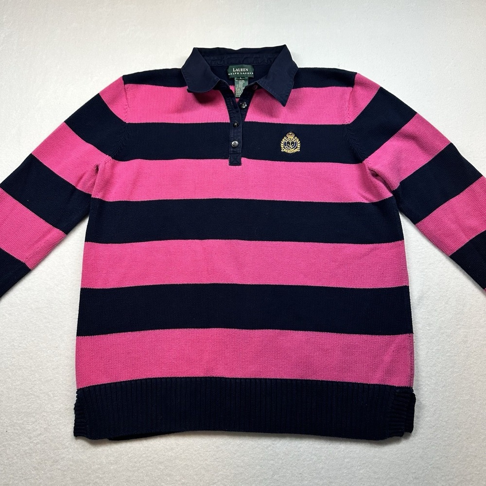 Lauren Ralph Lauren Pink and Navy Striped Cowl Sweater